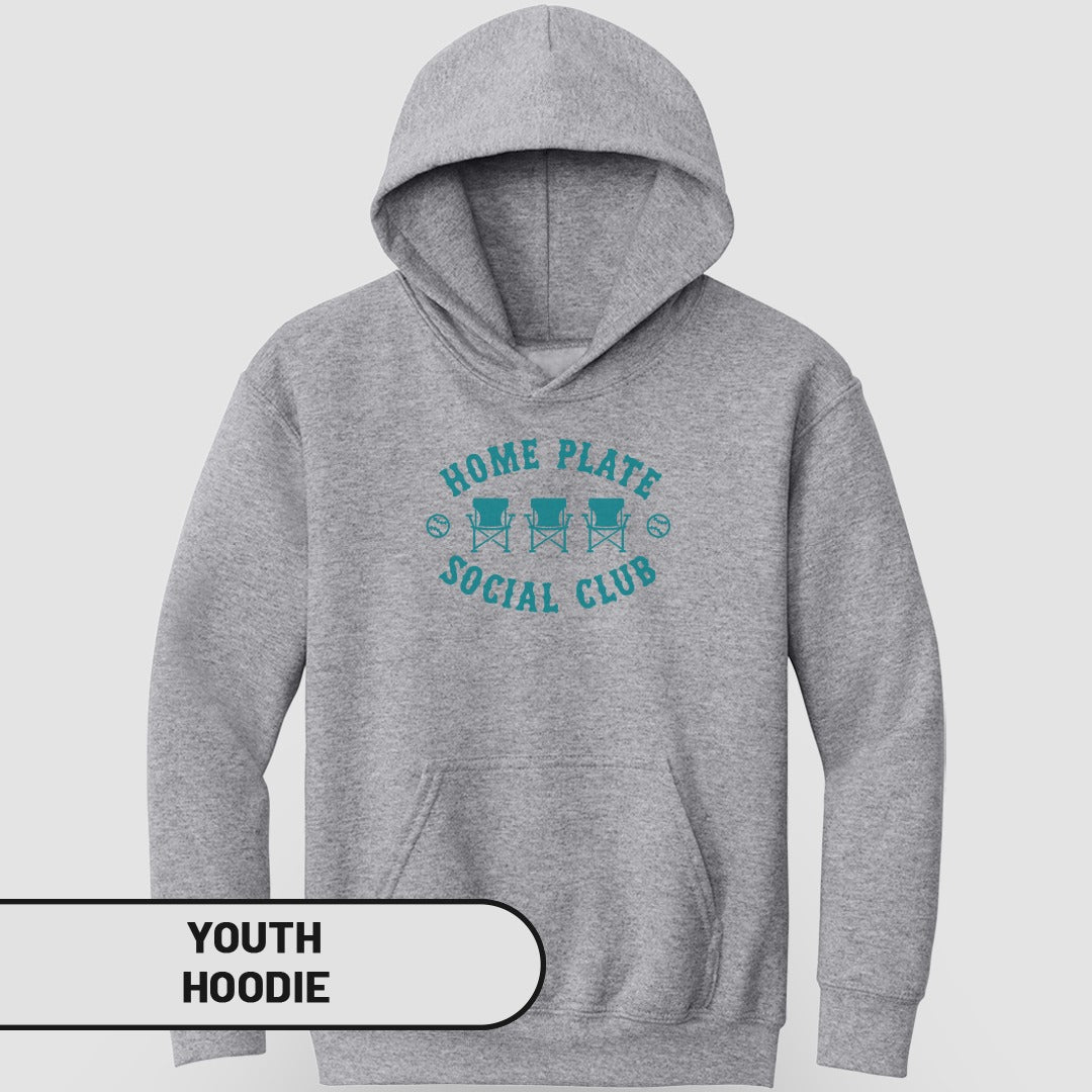 Grey youth hoodie with "Home Plate Social Club" text and baseball icons.