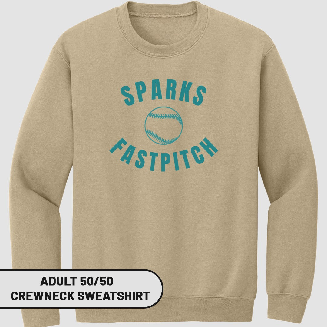 Tan crewneck sweatshirt with "Sparks Fastpitch" text and baseball accents.