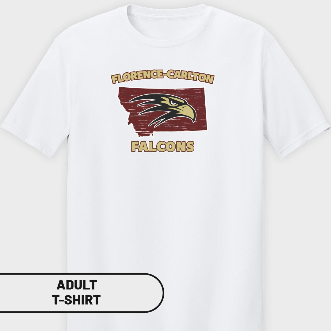 White t-shirt with Florence-Carlton Falcons logo and state outline.