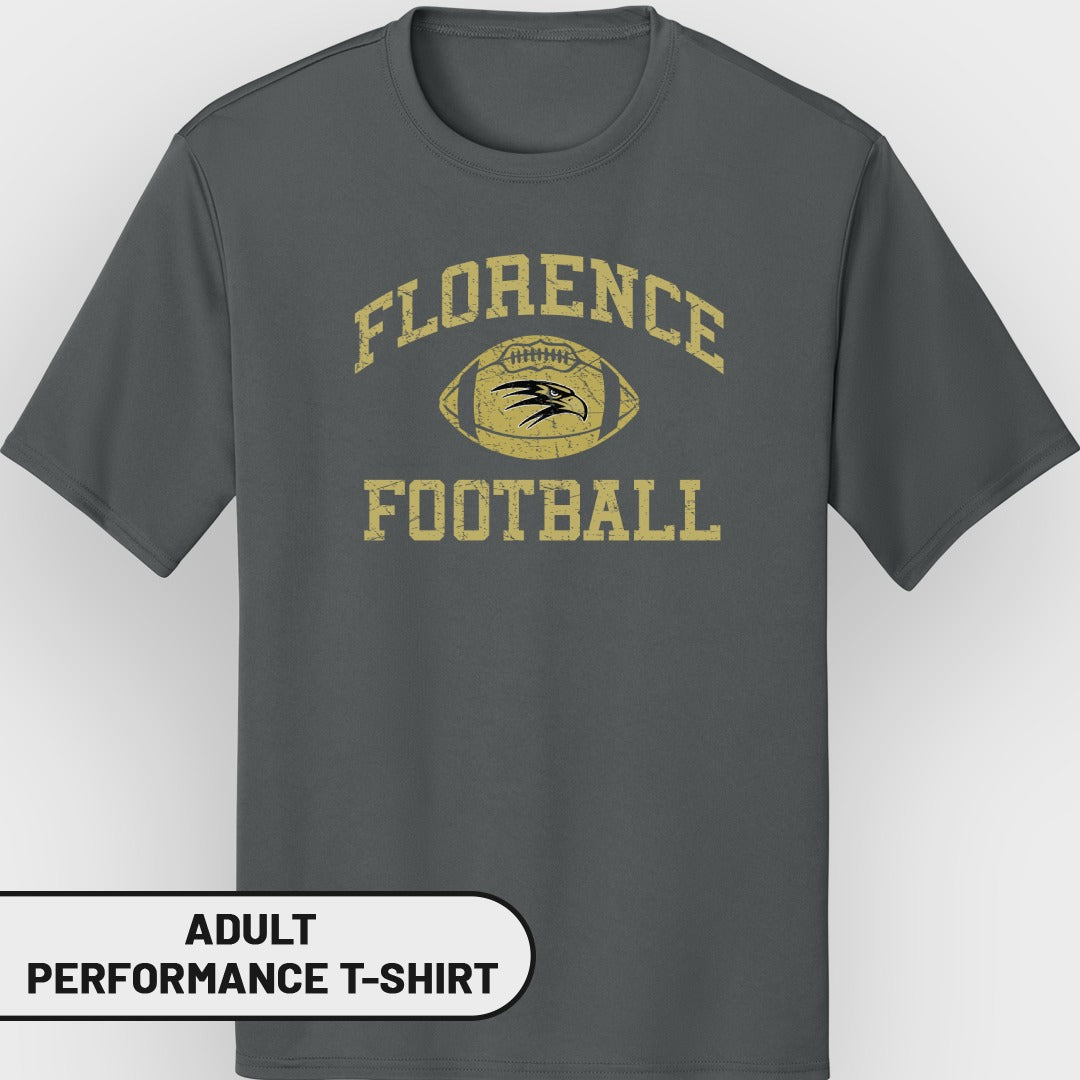 Gray adult performance t-shirt with distressed "Florence Football" and eagle graphic.