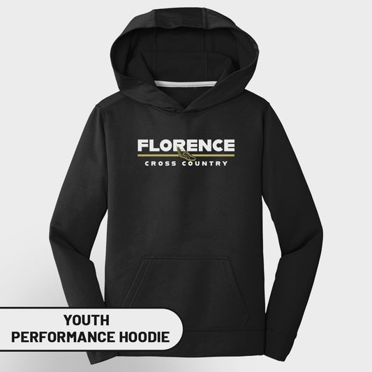 Black youth performance hoodie with "Florence Cross Country" text and graphic.