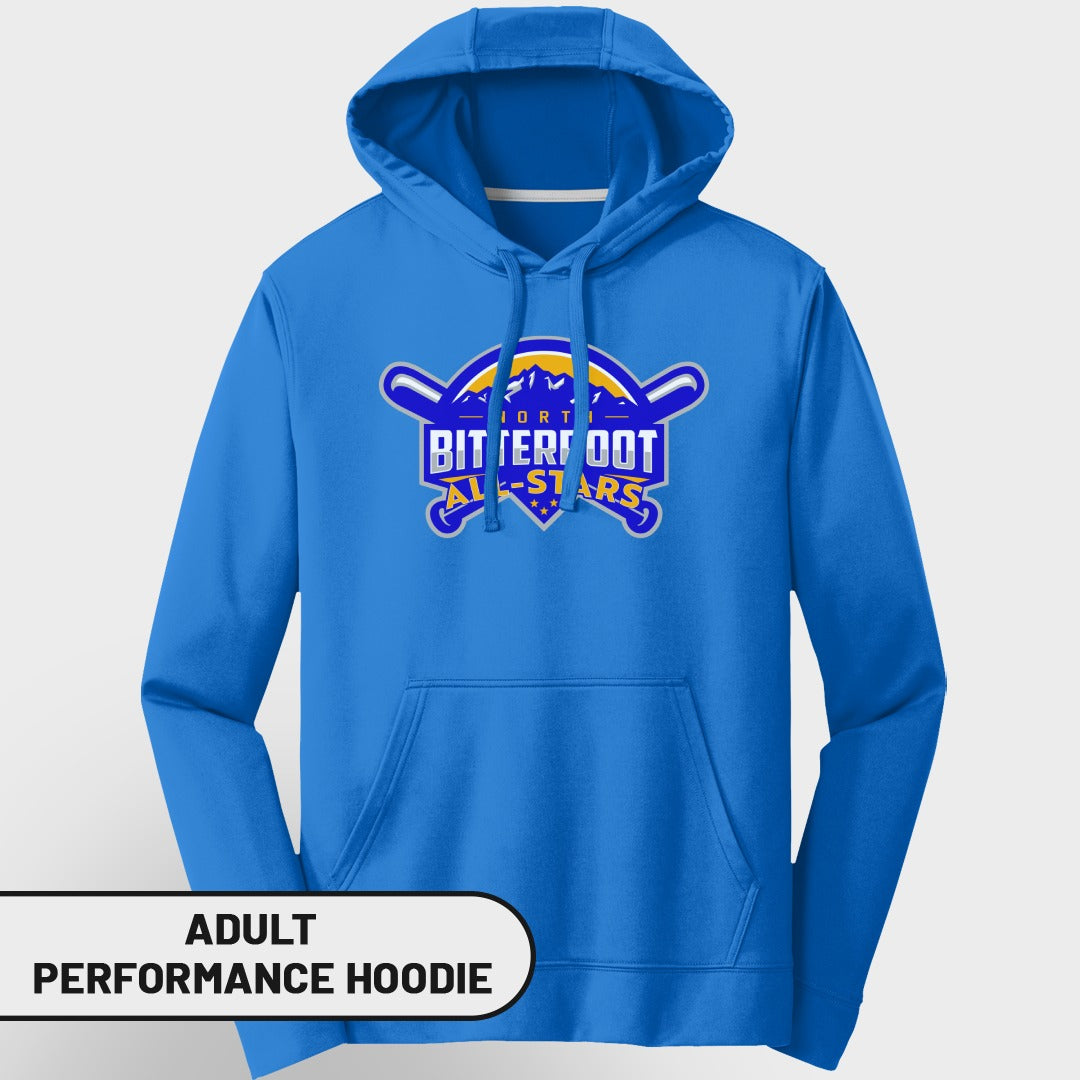 Blue performance hoodie with "North Bitteroot All-Stars" logo.