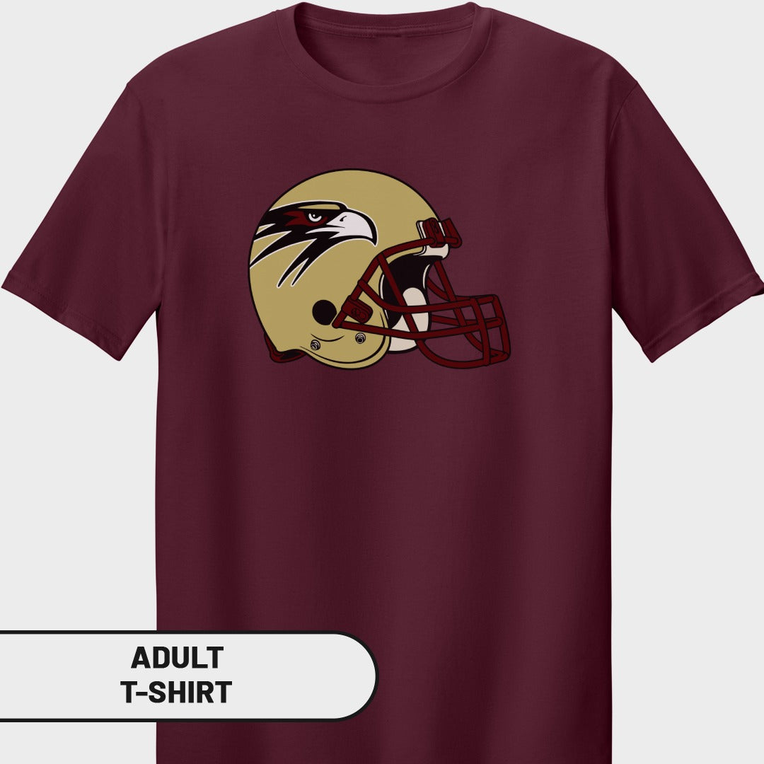 Maroon adult t-shirt with a gold football helmet featuring an eagle design.