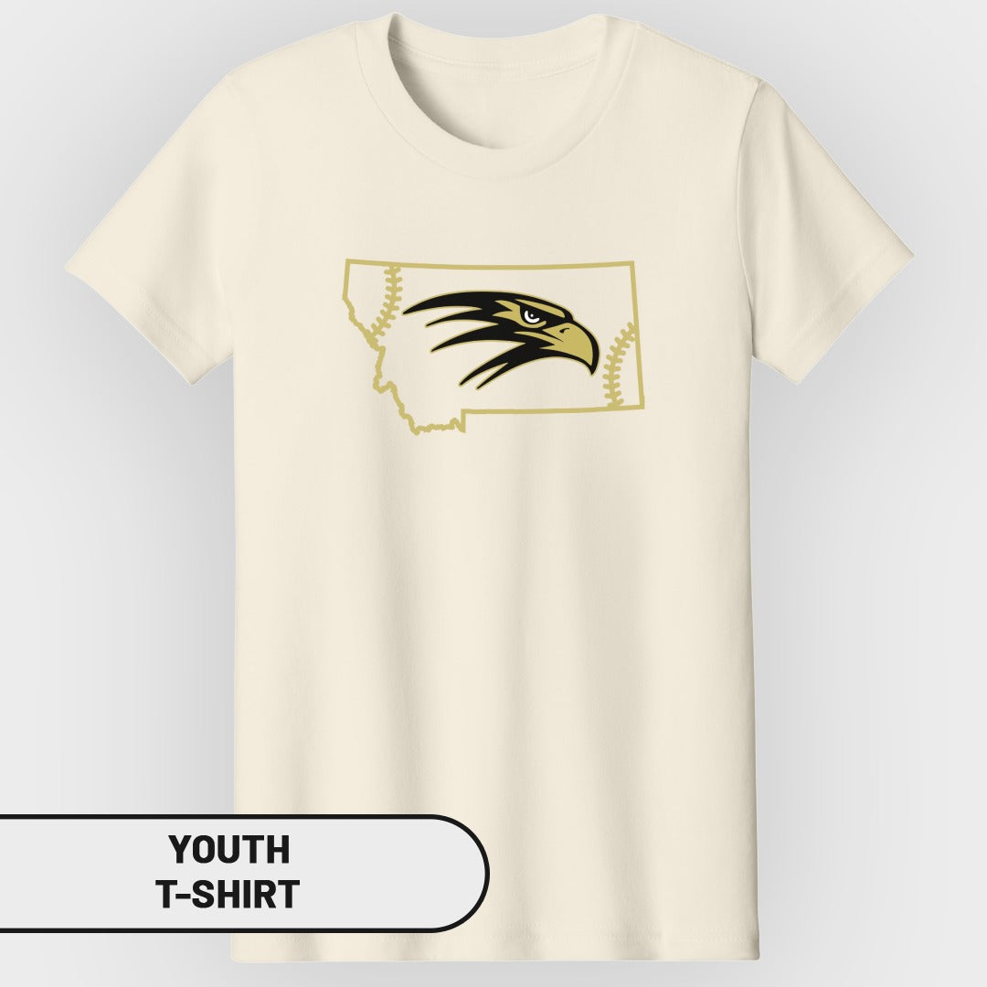 Cream youth t-shirt with Montana outline featuring an eagle head and baseball stitches.