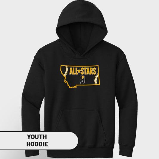 Black youth hoodie with Montana outline and "All-Stars" graphic.
