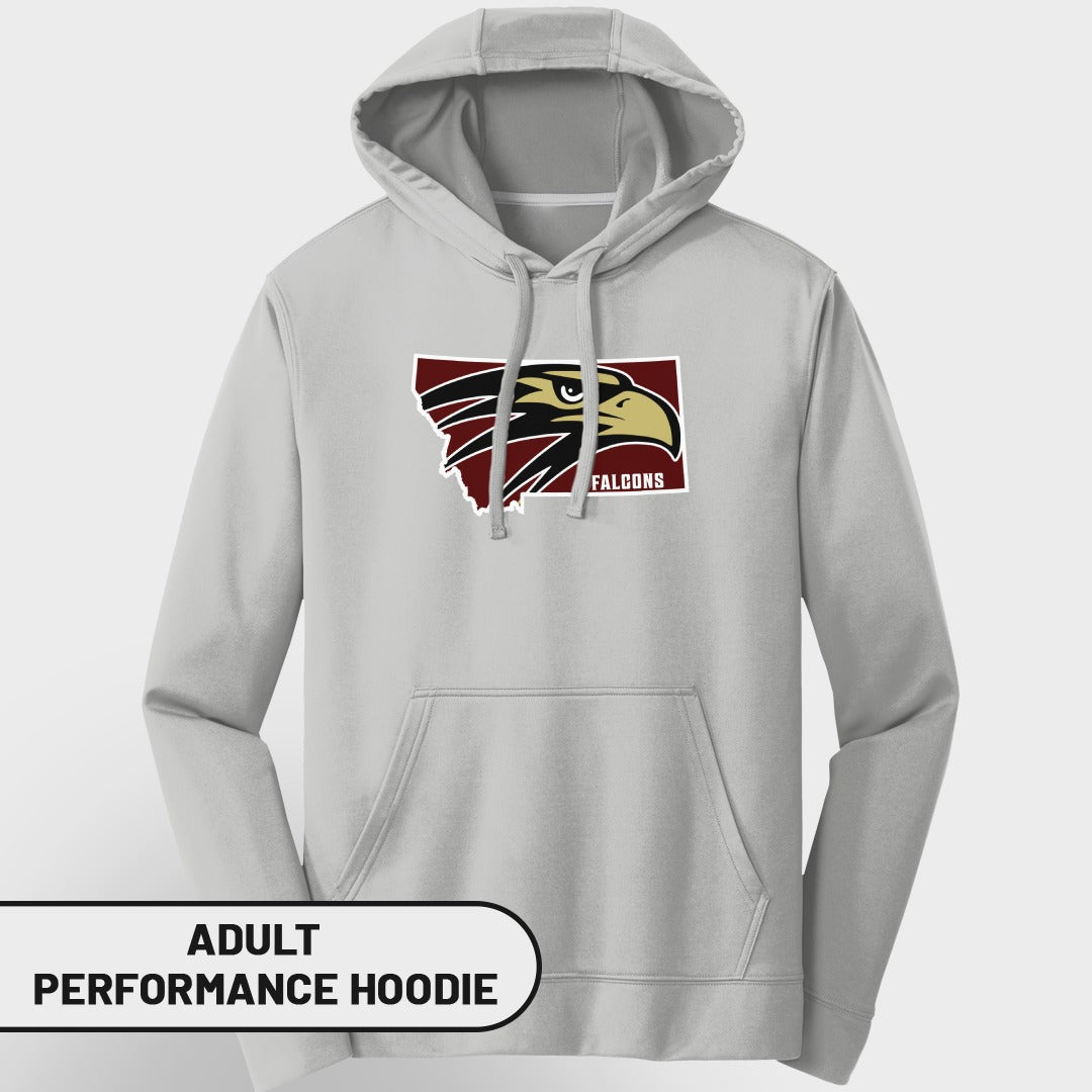 Adult performance hoodie with Montana outline, falcon logo, and "FALCONS" text.