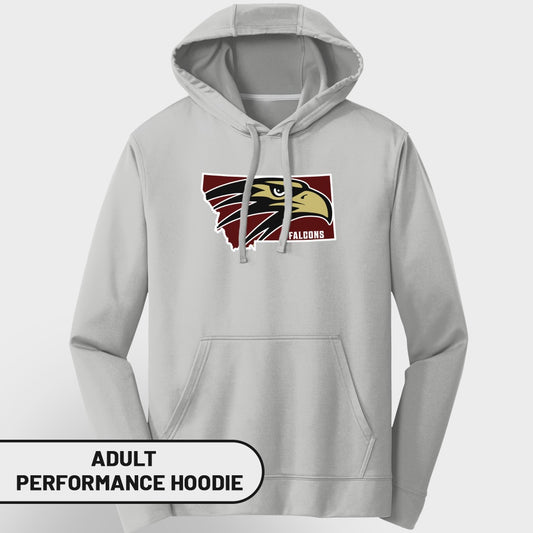 Adult performance hoodie with Montana outline, falcon logo, and "FALCONS" text.