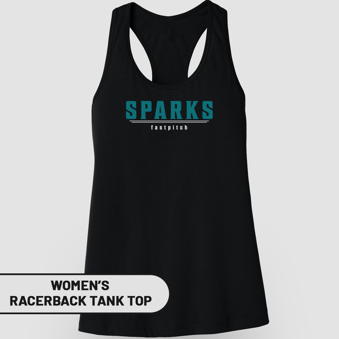 Black women's racerback tank top with "SPARKS fastpitch" in teal text.