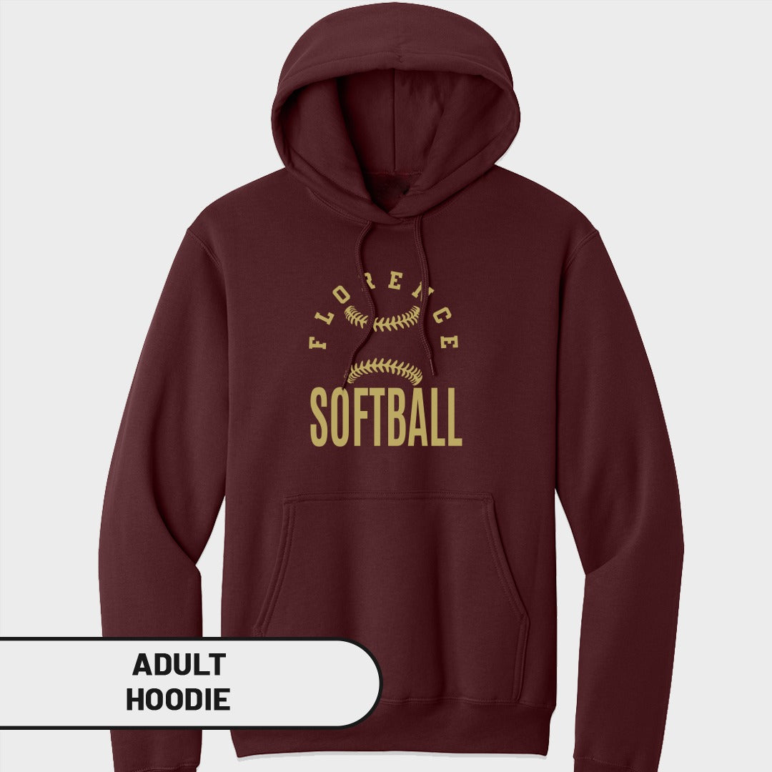 Maroon adult hoodie with gold "Florence Softball" text and softball graphic.