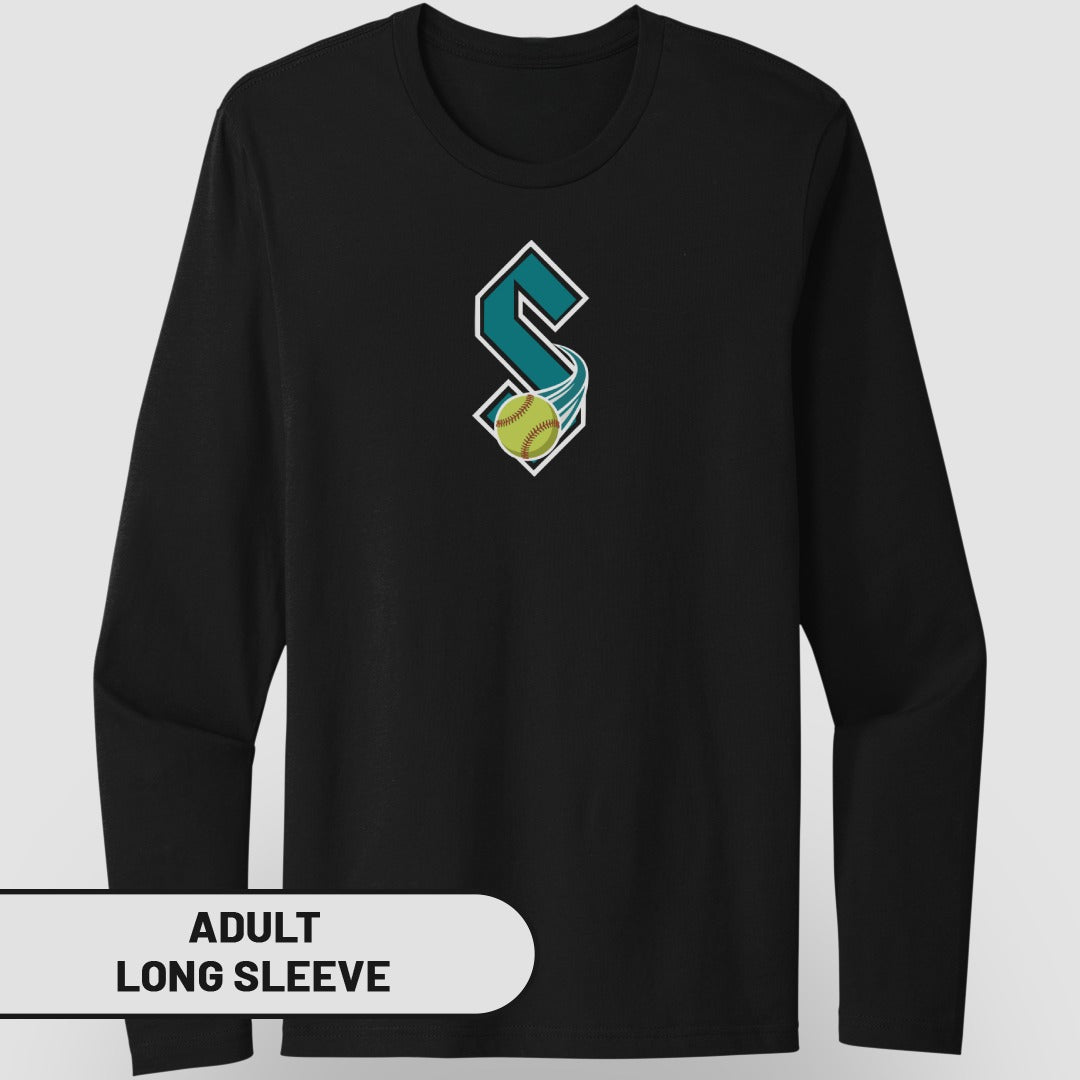 Black long sleeve shirt with a teal "S" logo and softball graphic.
