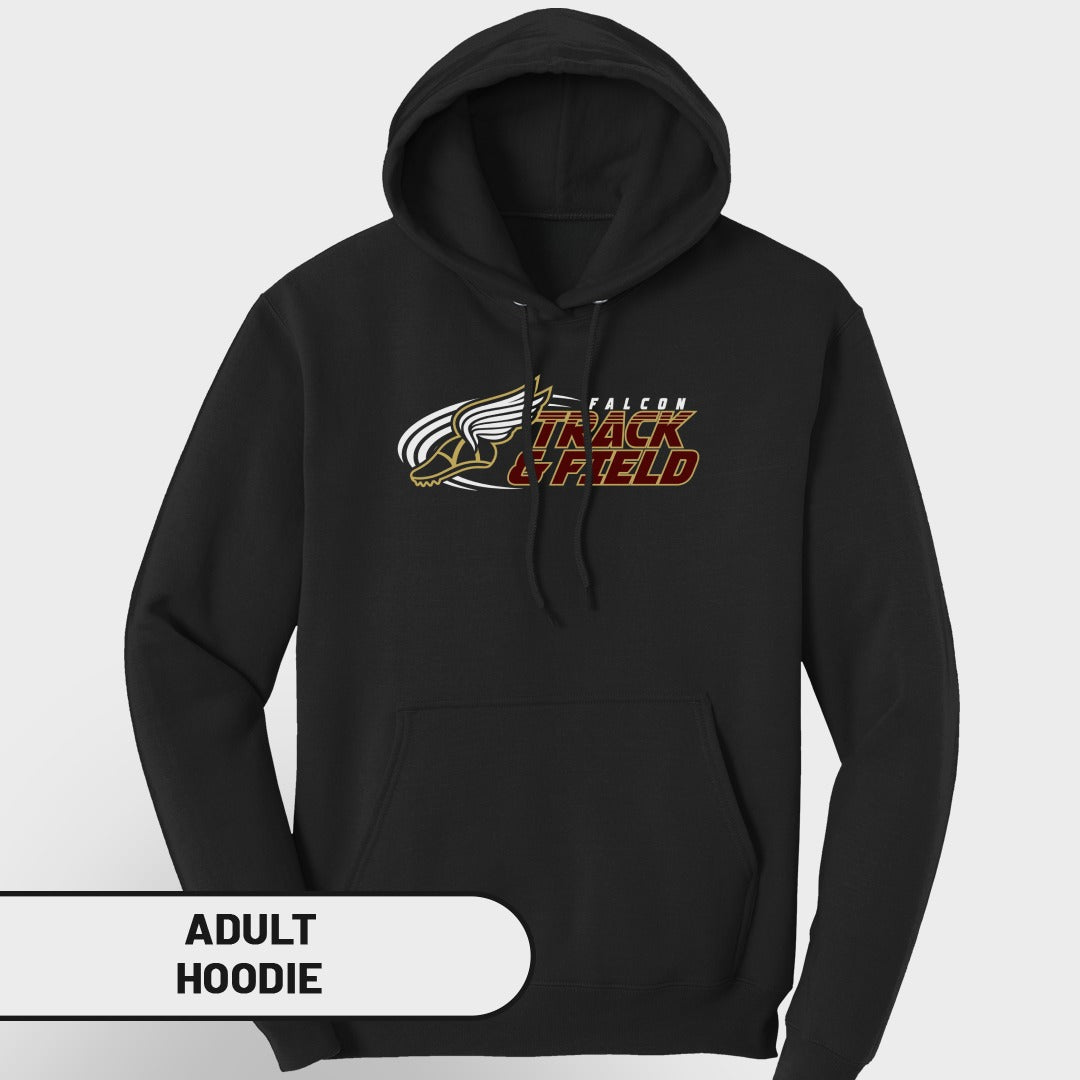 Black adult hoodie with "Falcon Track & Field" graphic and winged shoe logo.