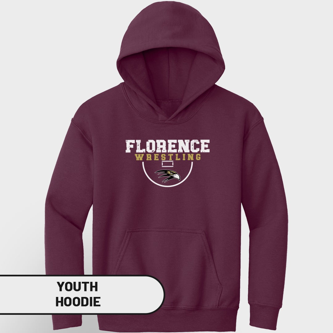 Maroon youth hoodie with Florence Wrestling logo and eagle graphic.