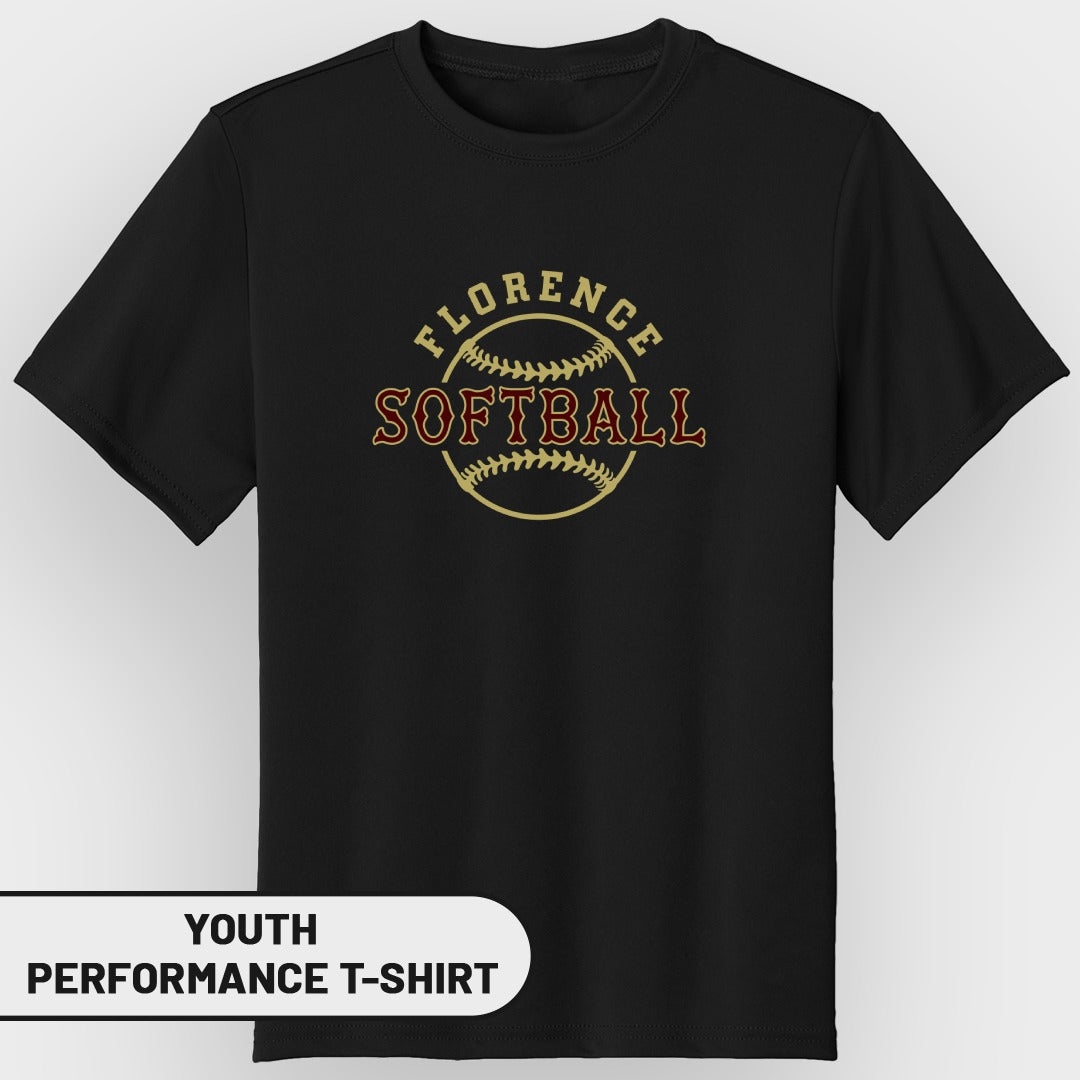 Black youth performance t-shirt with "FLORENCE SOFTBALL" text and softball graphic.