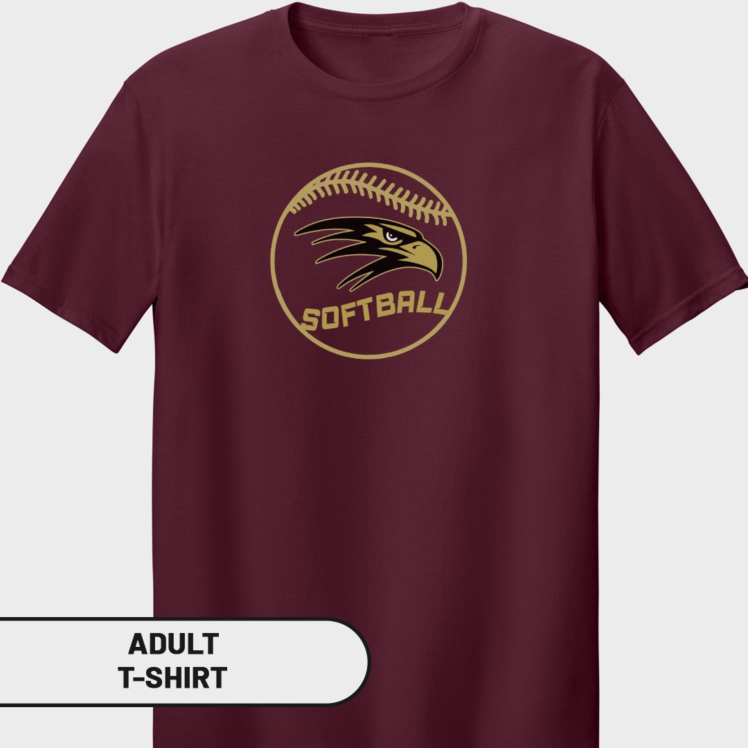 Maroon adult t-shirt with a softball logo featuring an eagle head.