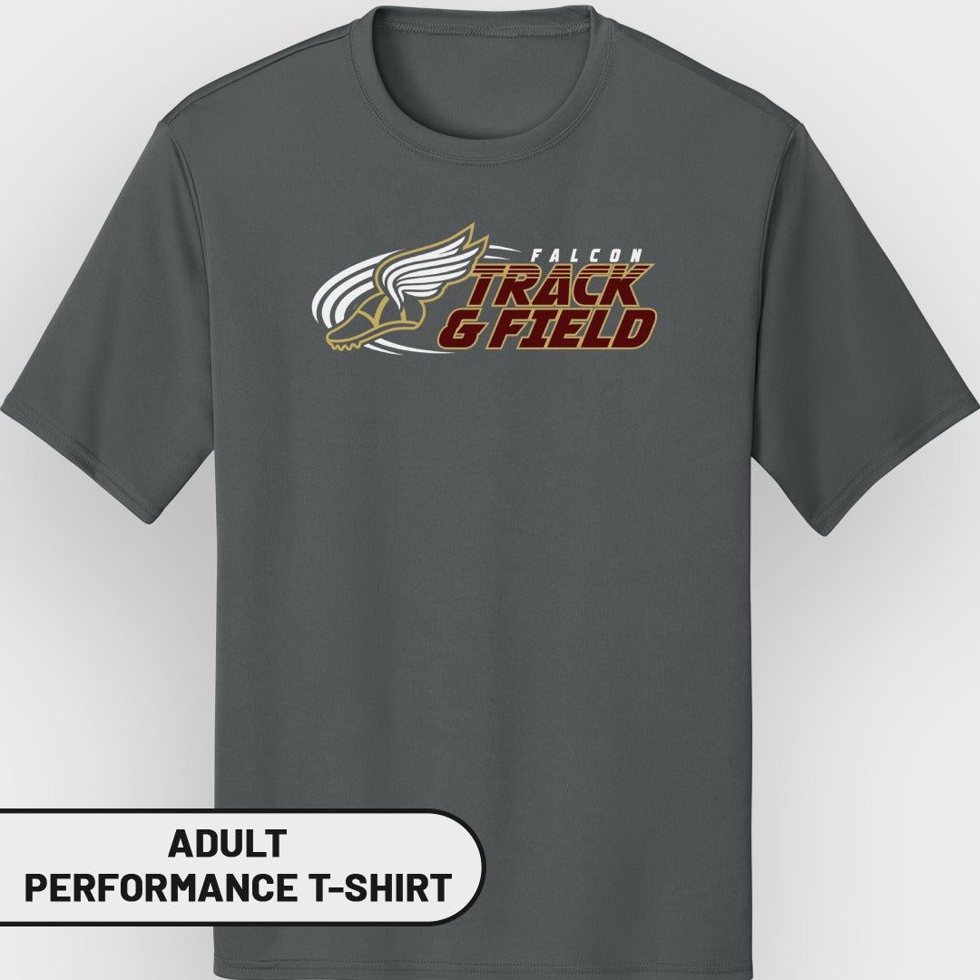 Grey adult performance t-shirt with Falcon Track & Field logo.
