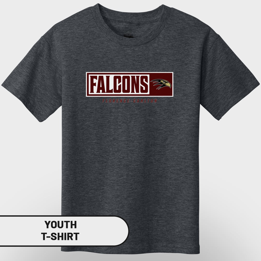 Dark gray youth t-shirt with "Falcons Florence Carlton" logo and falcon graphic.