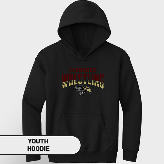 Black youth hoodie with Florence Wrestling logo and eagle graphic.