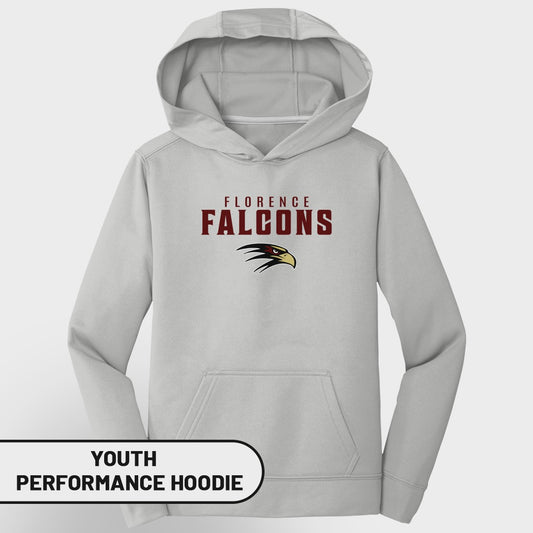 Grey youth performance hoodie with "Florence Falcons" text and falcon logo.