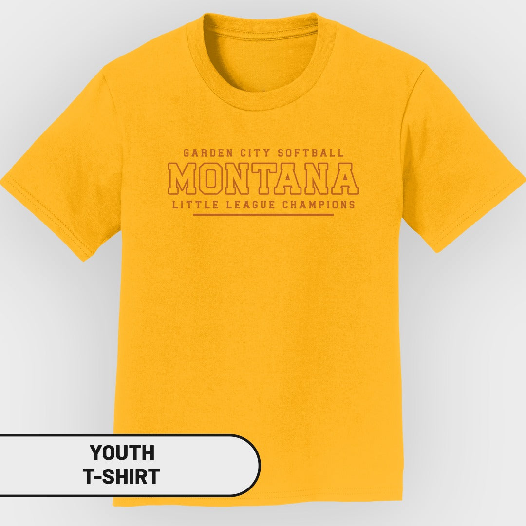 Youth yellow t-shirt with "Garden City Softball Montana Little League Champions" text.