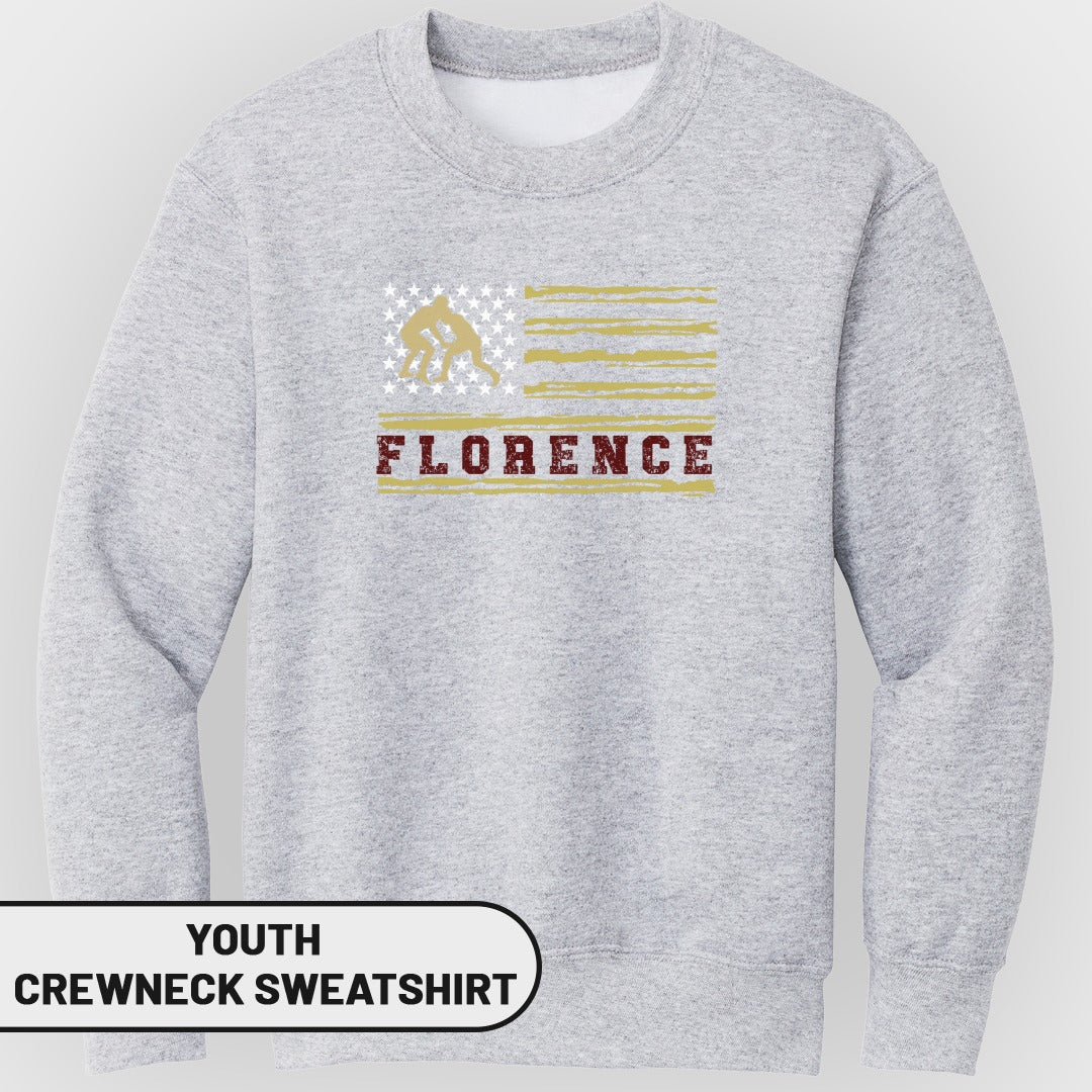 Light grey youth crewneck sweatshirt with American flag graphic and "FLORENCE" text.
