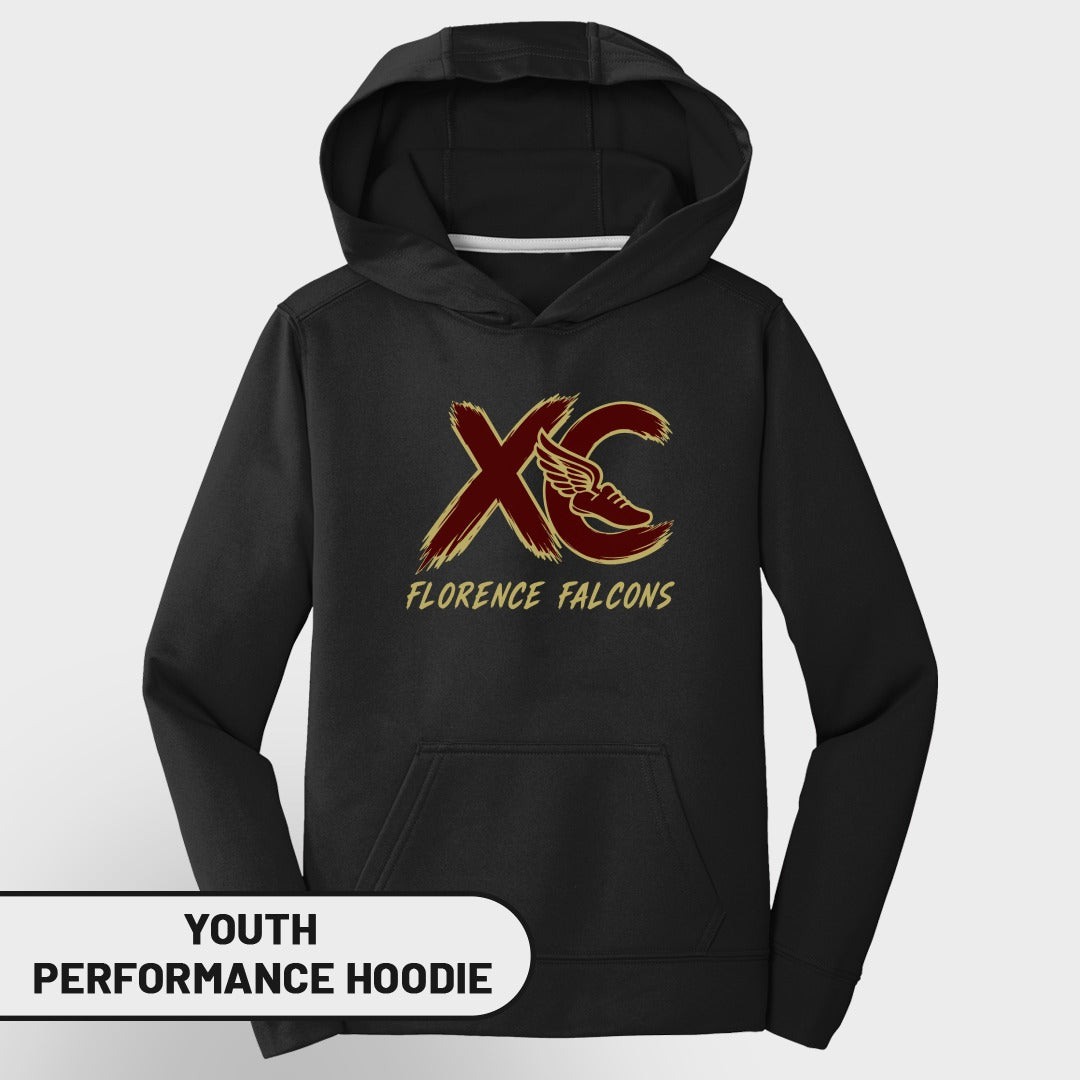 Black youth performance hoodie with "XC Florence Falcons" logo.