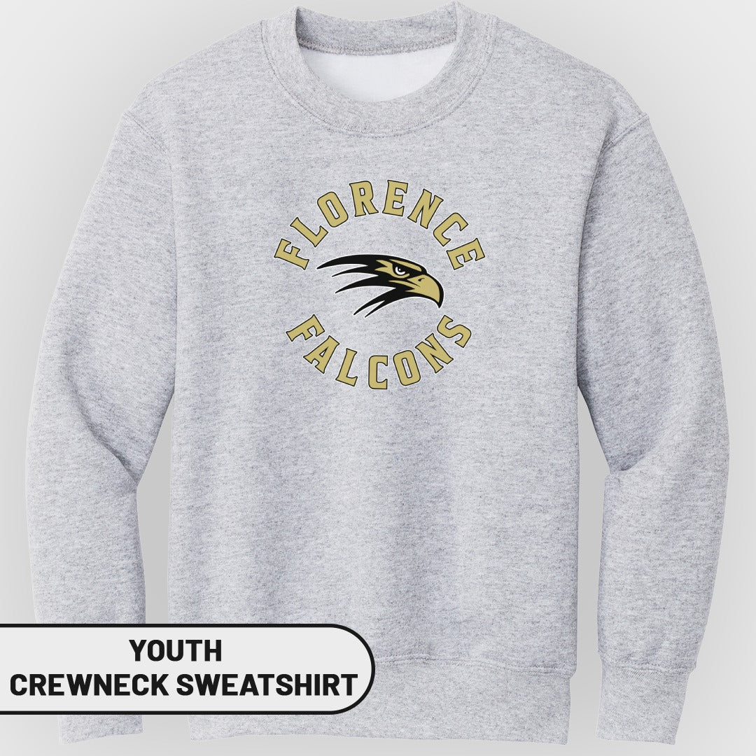Youth crewneck sweatshirt with "Florence Falcons" text and eagle logo.