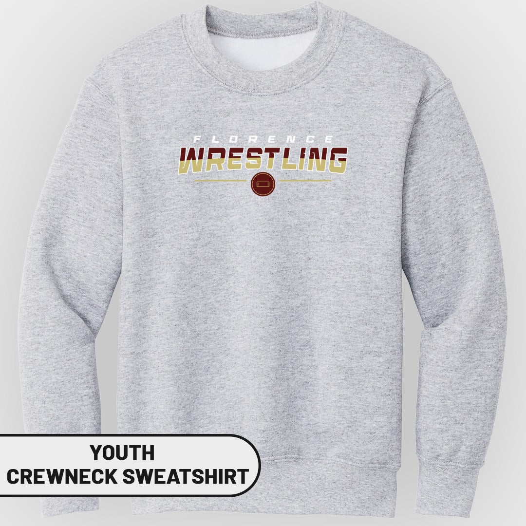 Light gray youth crewneck sweatshirt with "Florence Wrestling" graphic and logo.