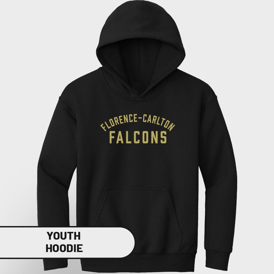 Black youth hoodie with gold "FLORENCE-CARLTON FALCONS" text.
