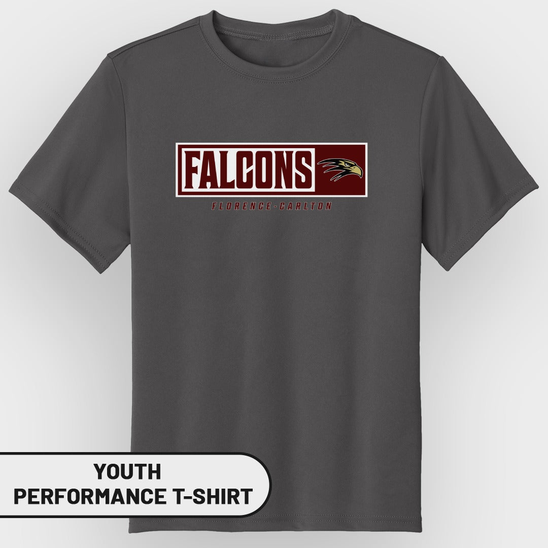 Gray youth performance t-shirt with "FALCONS FLORENCE CARLTON" logo and eagle graphic.