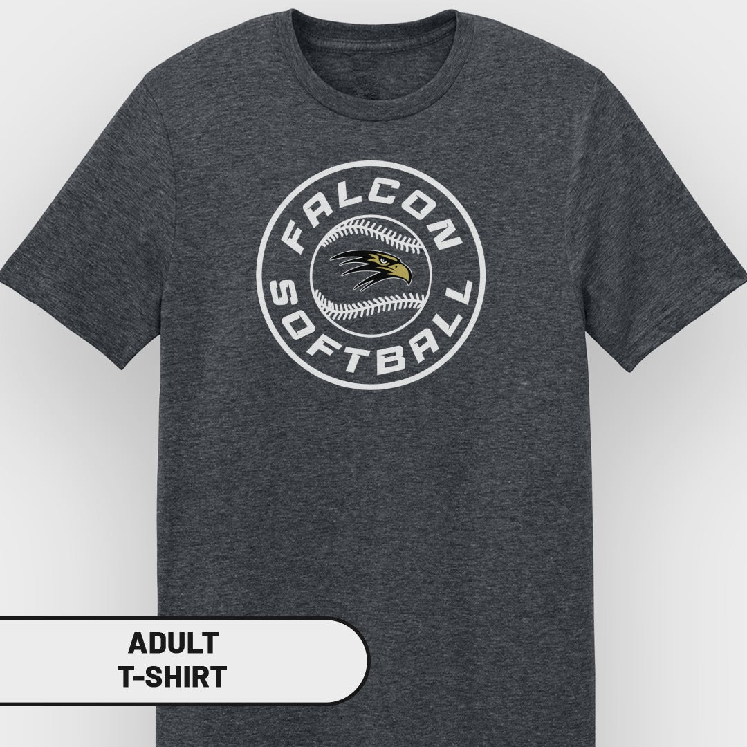 Dark grey t-shirt with white circular logo: "Falcon Softball" and a falcon's head on a baseball.
