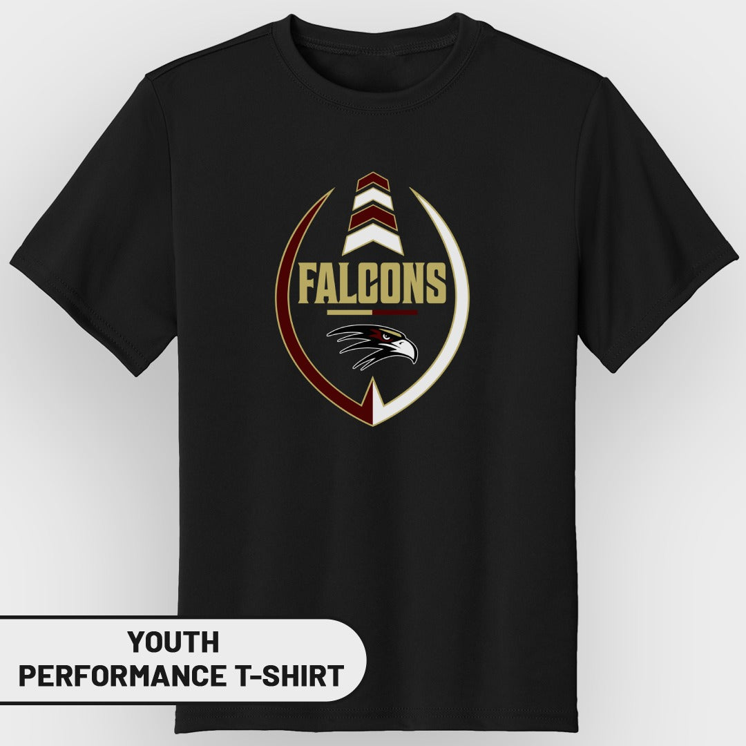 Black youth performance t-shirt with a "Falcons" logo and eagle head graphic.