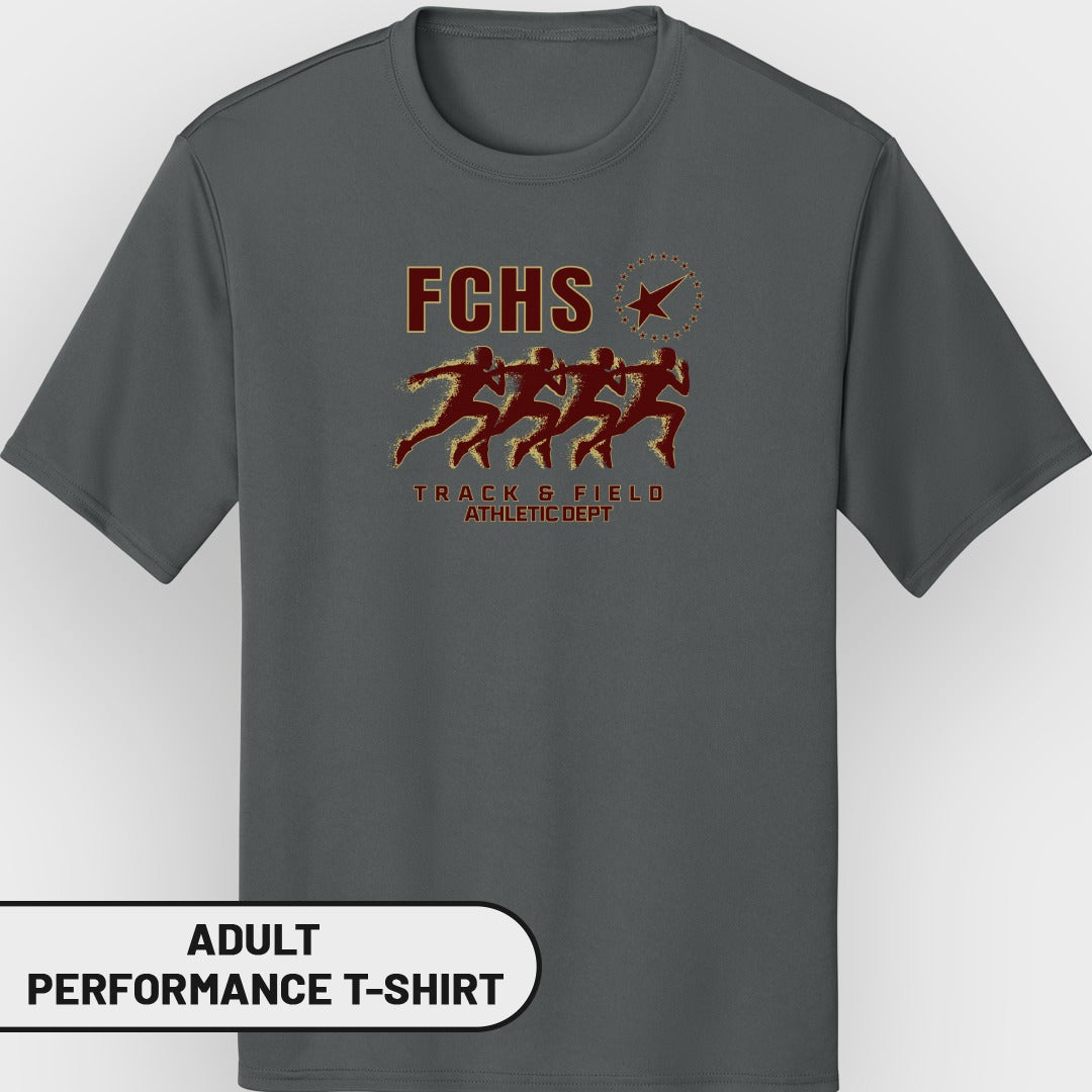 Grey t-shirt with FCHS Track & Field Athletic Dept graphic and runners.