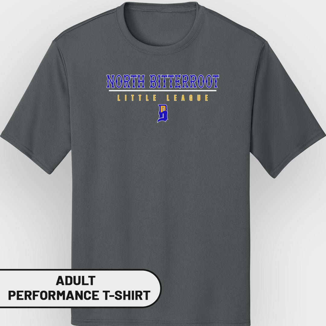 Adult dark grey performance t-shirt with "NORTH BITTERROOT LITTLE LEAGUE" text.