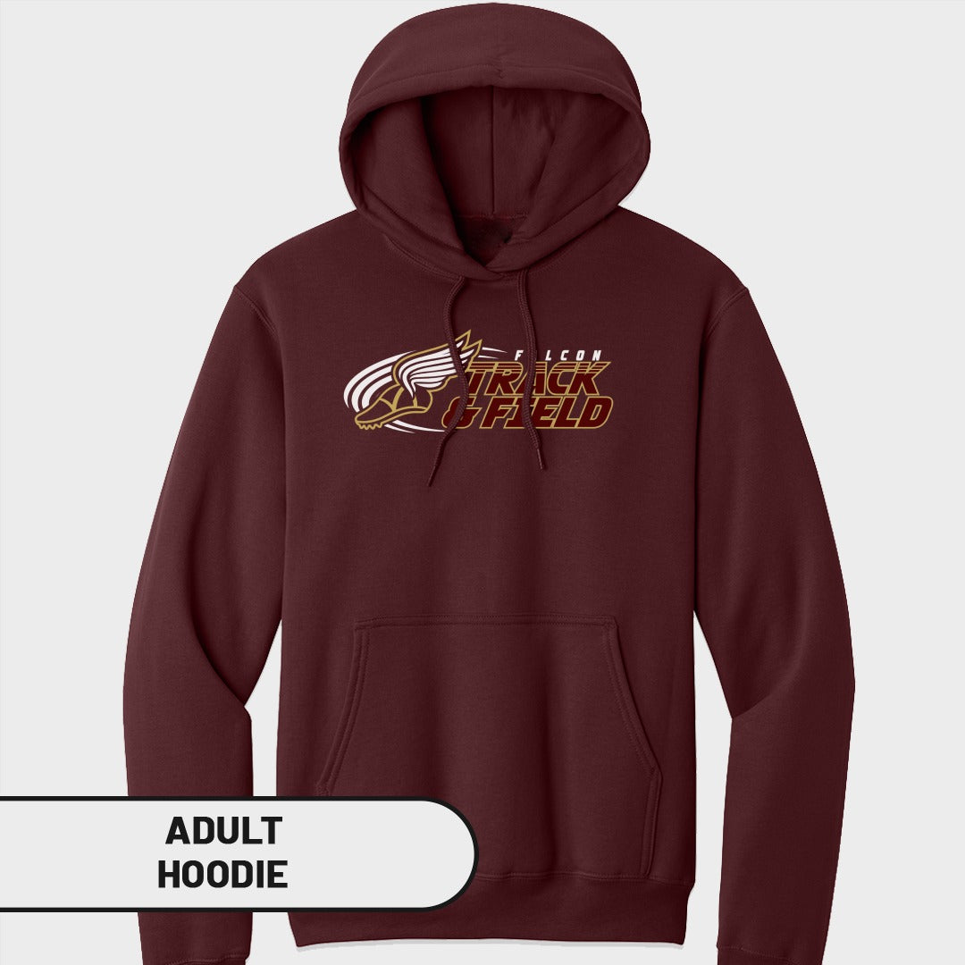 Maroon adult hoodie with "Falcon Track & Field" text and graphic.