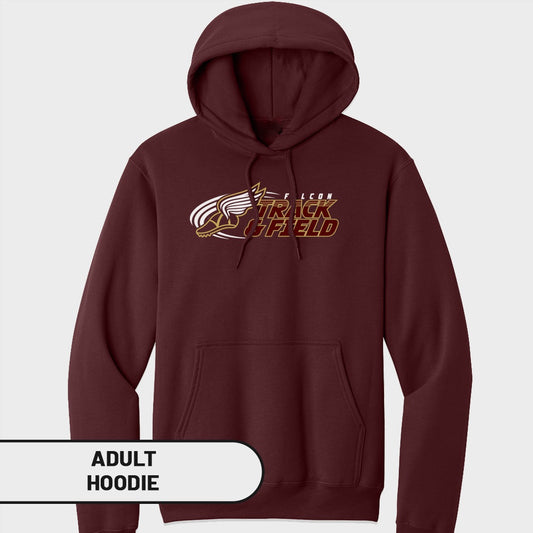 Maroon adult hoodie with "Falcon Track & Field" text and graphic.