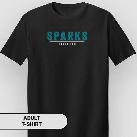 Black adult t-shirt with "SPARKS fastpitch" logo.