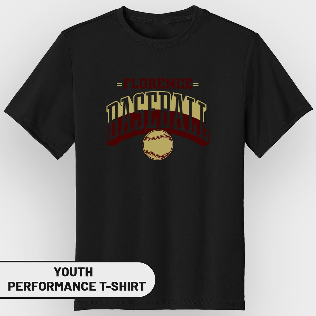 Black youth performance t-shirt with "Florence Baseball" graphic and baseball.