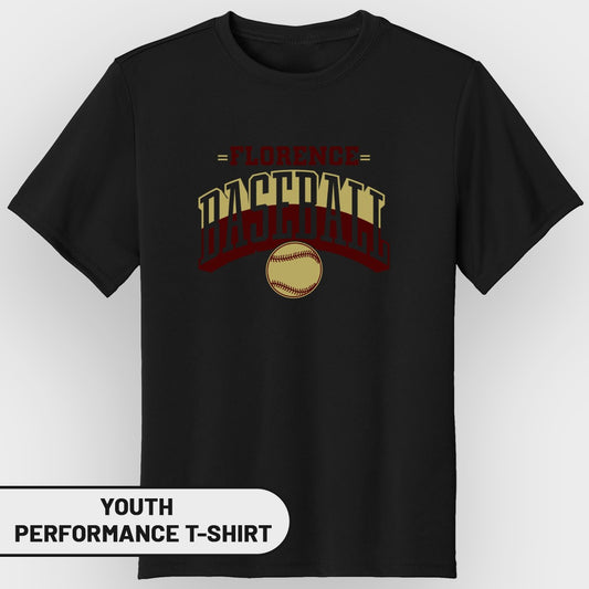 Black youth performance t-shirt with "Florence Baseball" graphic and baseball.