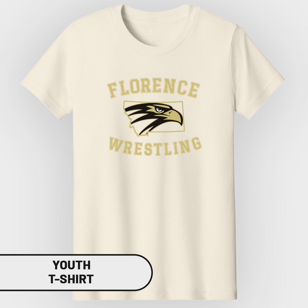 Cream youth t-shirt with "Florence Wrestling" and eagle logo.