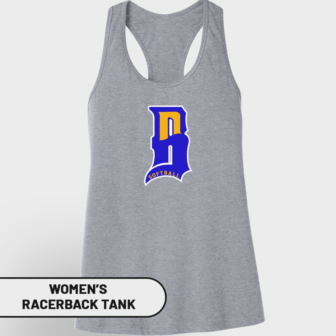 Gray women's racerback tank with blue and yellow "D Softball" logo.
