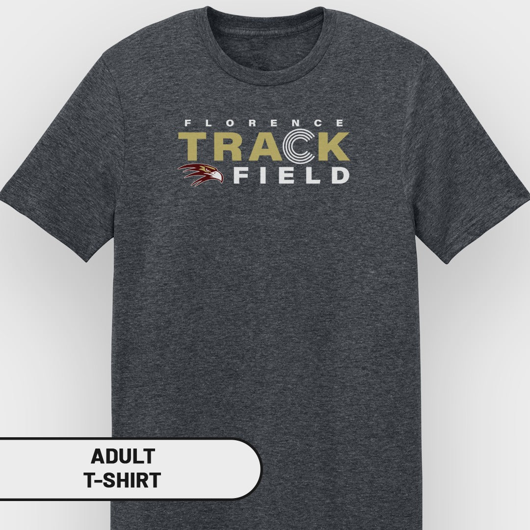 Dark gray adult t-shirt with Florence Track Field text and eagle logo.