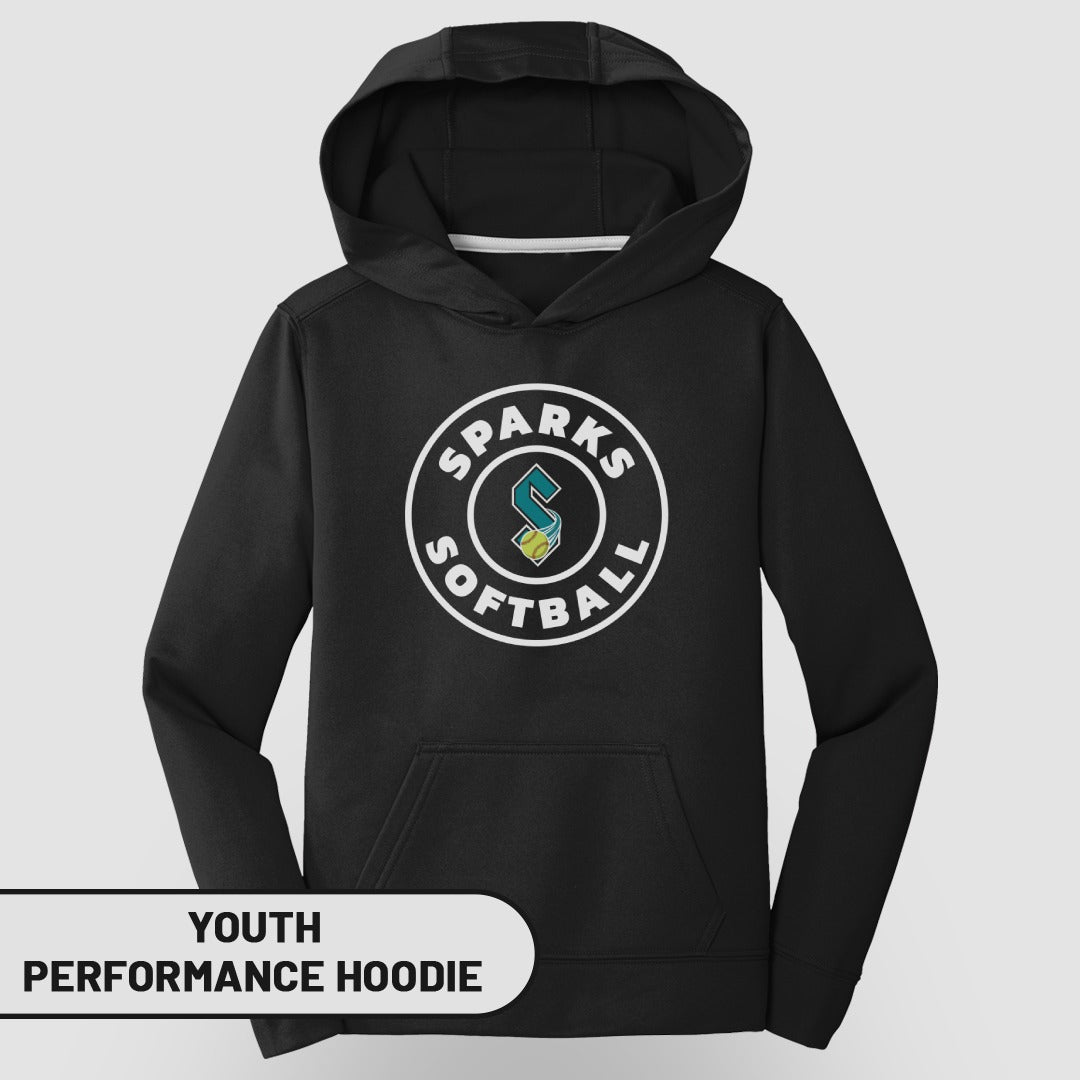 Black youth performance hoodie with "Sparks Softball" circular logo.