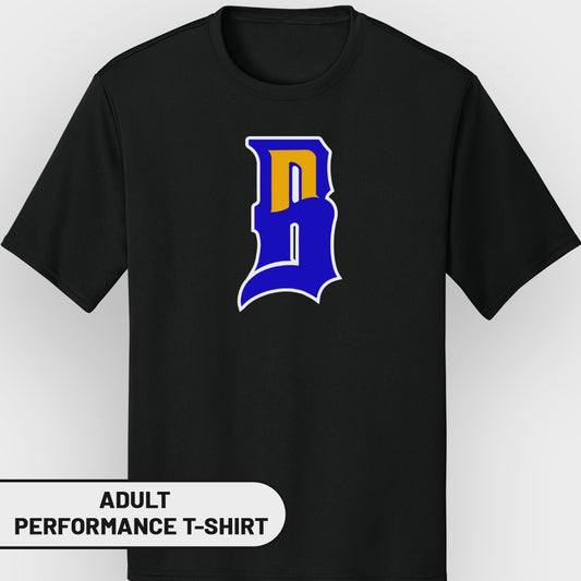 Black t-shirt with blue and yellow "B" logo.