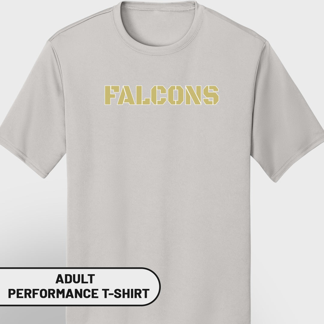 Light gray adult performance t-shirt with "FALCONS" text in gold.