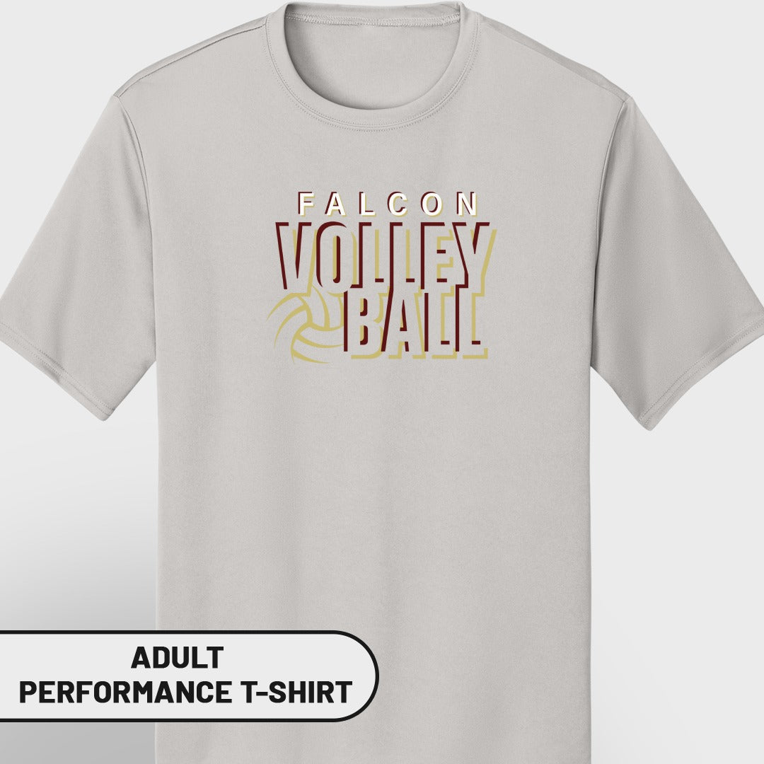 Adult performance t-shirt with "FALCON VOLLEYBALL" graphic and volleyball outline.