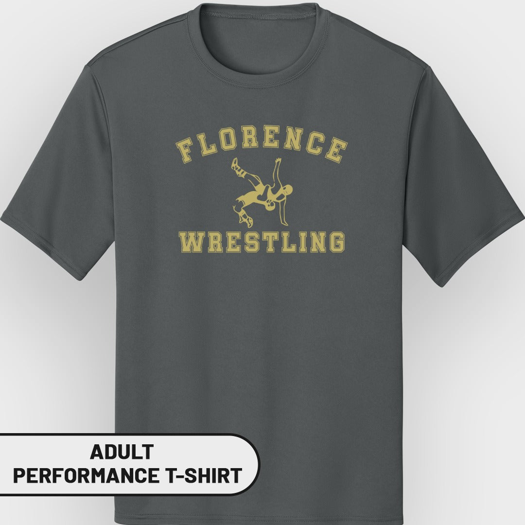 Adult dark gray performance t-shirt with "Florence Wrestling" graphic.