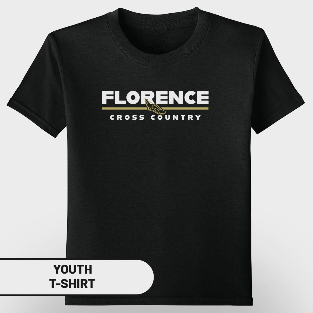 Black youth t-shirt with "FLORENCE CROSS COUNTRY" text and winged shoe graphic.