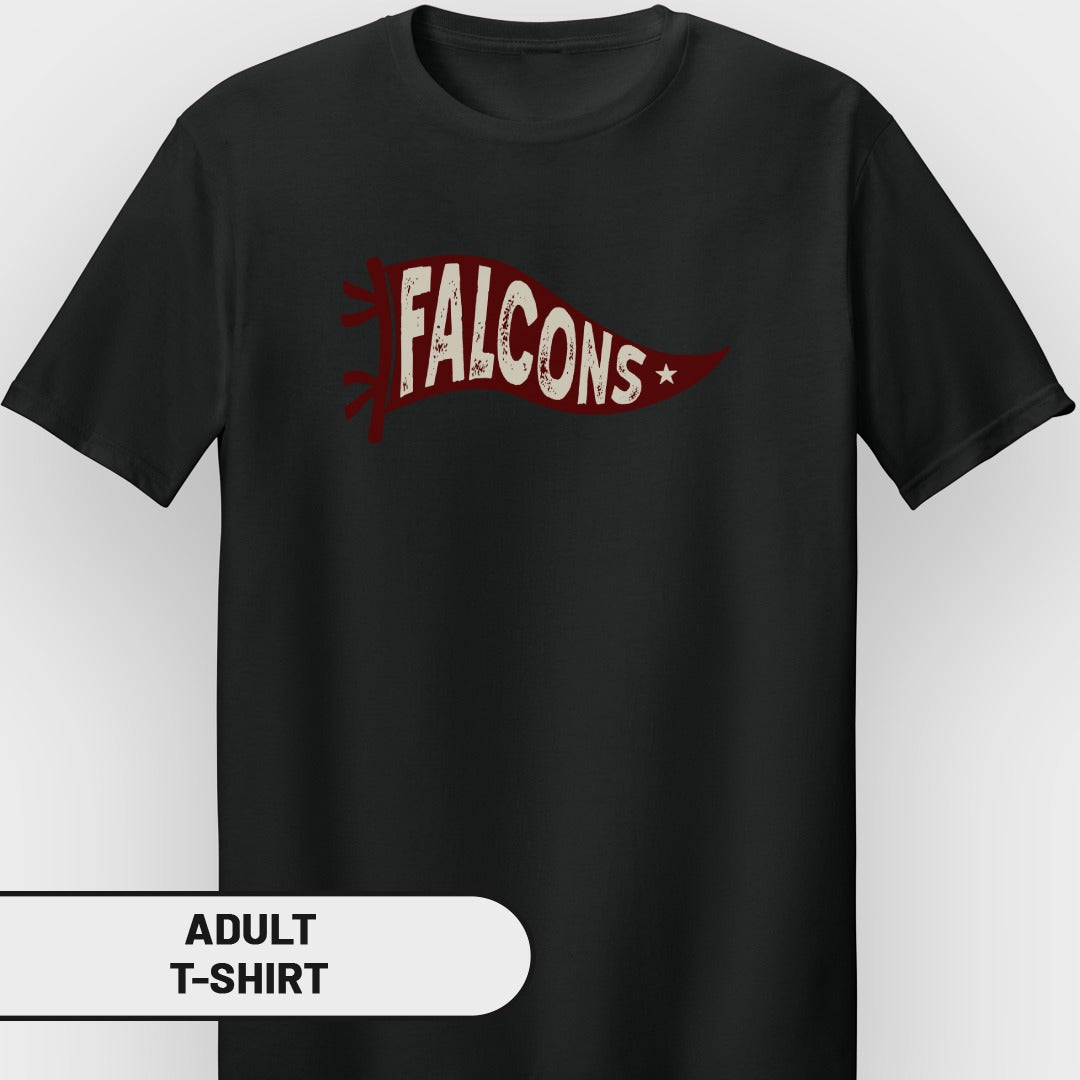 Black adult t-shirt with a distressed red banner graphic reading "FALCONS".