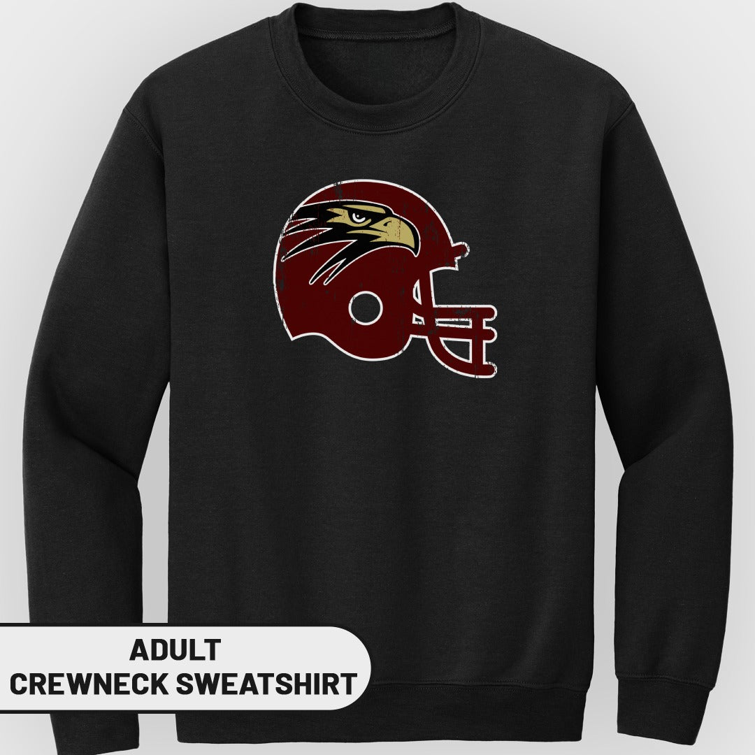 Black adult crewneck sweatshirt with distressed eagle helmet graphic.