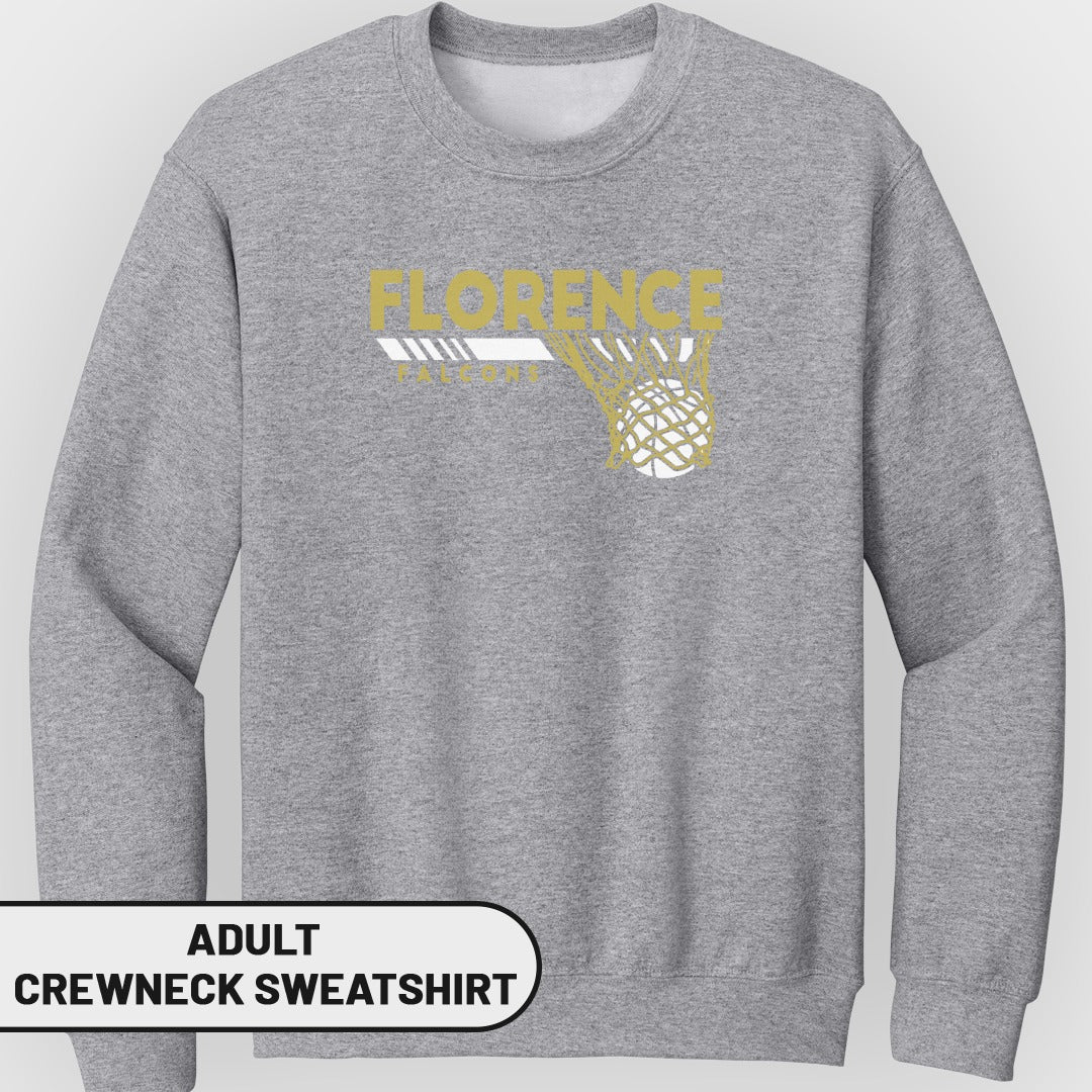 Grey adult crewneck sweatshirt with "Florence" and basketball net graphic.